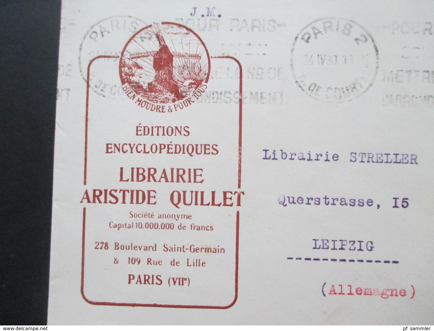 Frankreich 1930 Dekorativer Firmenumschlag Windmühle Edtions Encyclopdiques Libraire Aristide Quillet Nach Leipzig - Cartas & Documentos