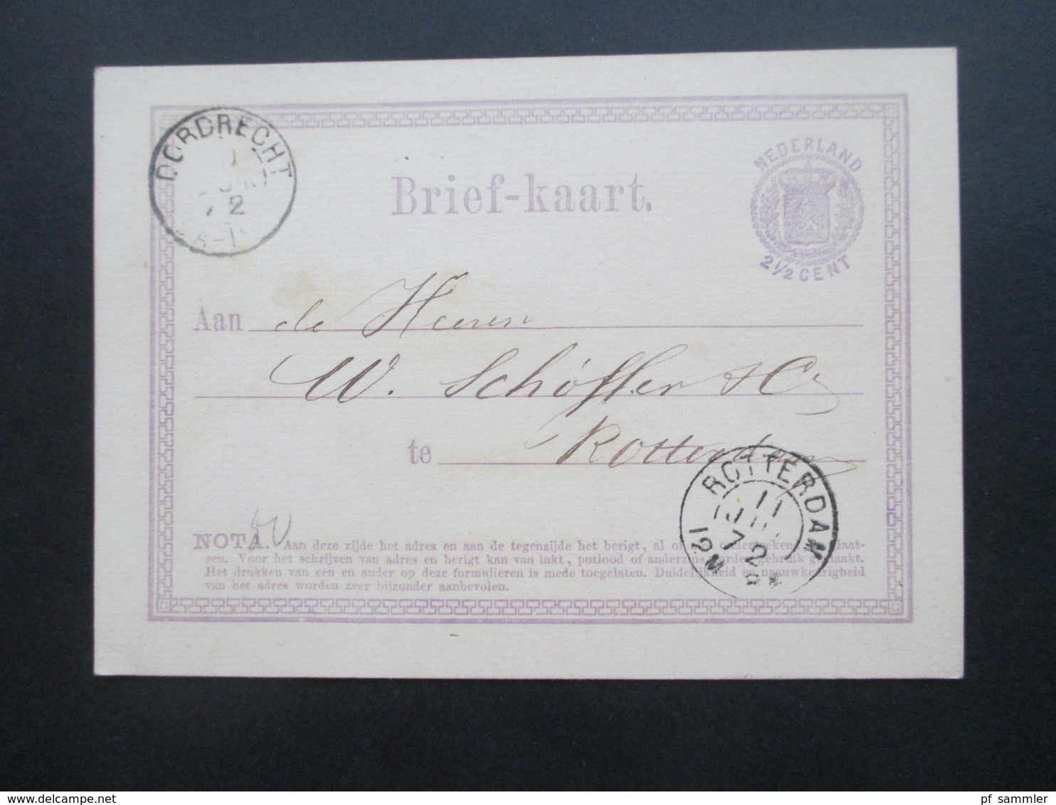 Niederlande 1872 Ganzsache P 1 Stempel Dordrecht Und Rotterdam Firmenkarte - Cartas & Documentos