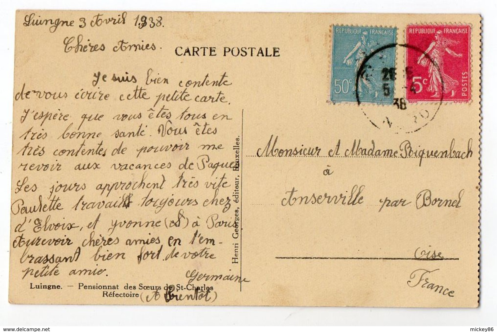 Belgique -MOUSCRON - LUINGNE --1937--Pensionnat Des Soeurs St Charles--réfectoire...timbre...cachet  ...... à Saisir - Mouscron - Möskrön