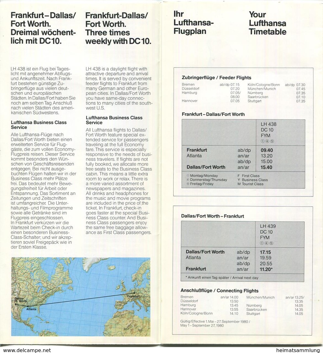Lufthansa Dallas/Fort Worth Neu Im Flugplan Ab Mai 1980 - Faltblatt Mit 5 Abbildungen - Monde