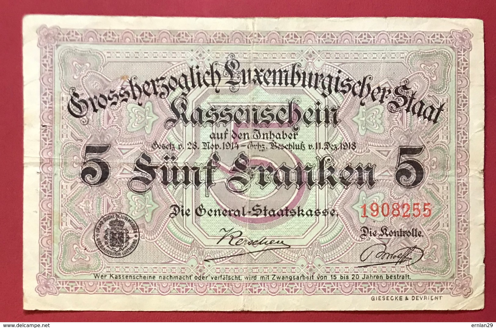 Luxembourg 5 Francs 1914-1918 ( Sigle Noir ) - Luxembourg