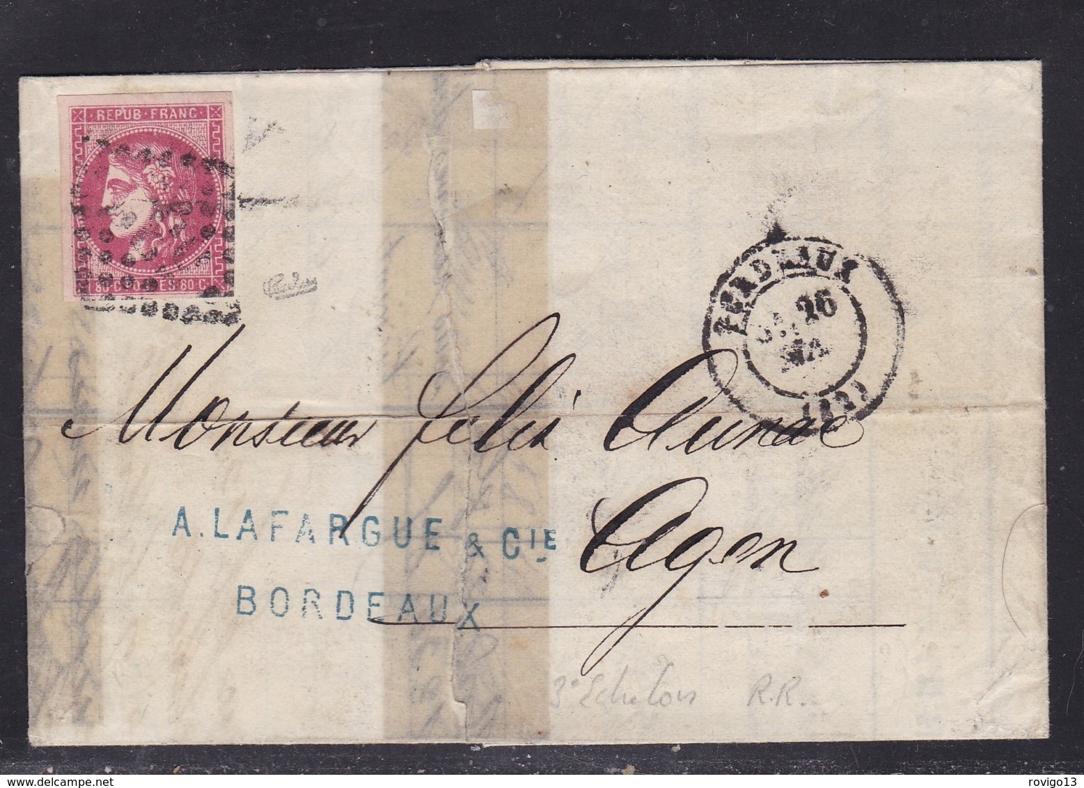 France, Gironde - Yvert N° 49b Sur LAC Restaurée De Bordeaux Du 26 Mai 1871 - Signé Calves - Cote + De 1000 € - 1849-1876: Période Classique