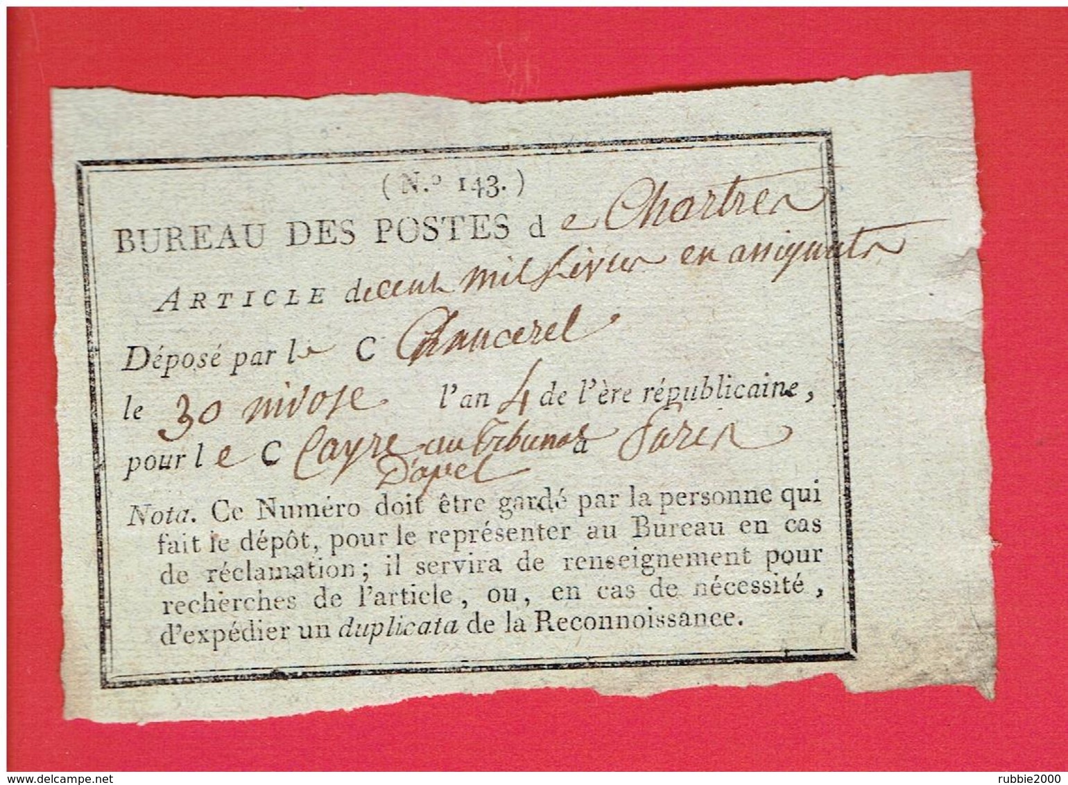 POSTE DE CHARTRES 1796 ENVOI DE CENT MILLE LIVRES EN ASSIGNATS PAR CHANCEREL POUR CAYRE AU TRIBUNAL D APPEL DE PARIS - Documents Historiques