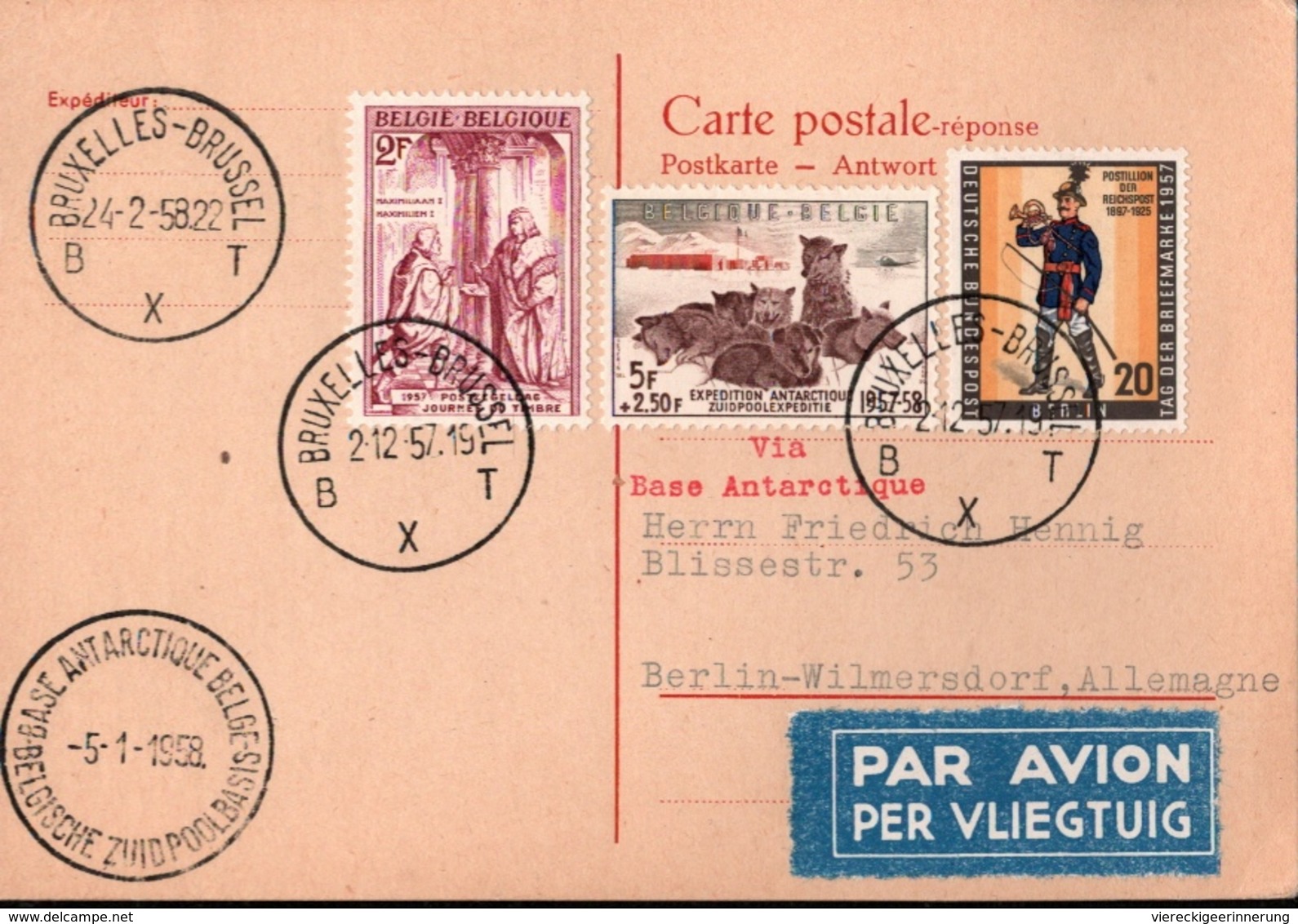 ! 1958 Antwortkarte Aus Brüssel, Bruxelles, Belgien Nach Berlin, Base Antarctique, Zuidpoolbasis, Südpol, Antarktis - Lettres & Documents