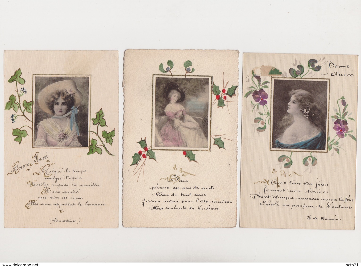 3 Cpa De Bonne Année Avec Portrait De Jeune Femme  , Poésie (Lamartine, E.de Massirac ) Et Fleurs Peintes à La Main - Femmes