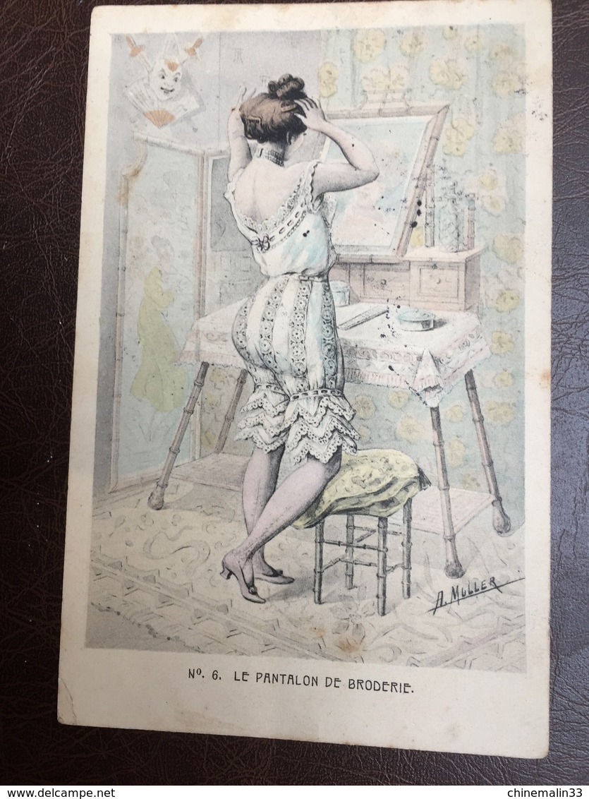 A.MULLER ILLUSTRATEUR DANS LE GOUT DE MUCHA ""LE PANTALON DE BRODERIE""" - Müller, August - München