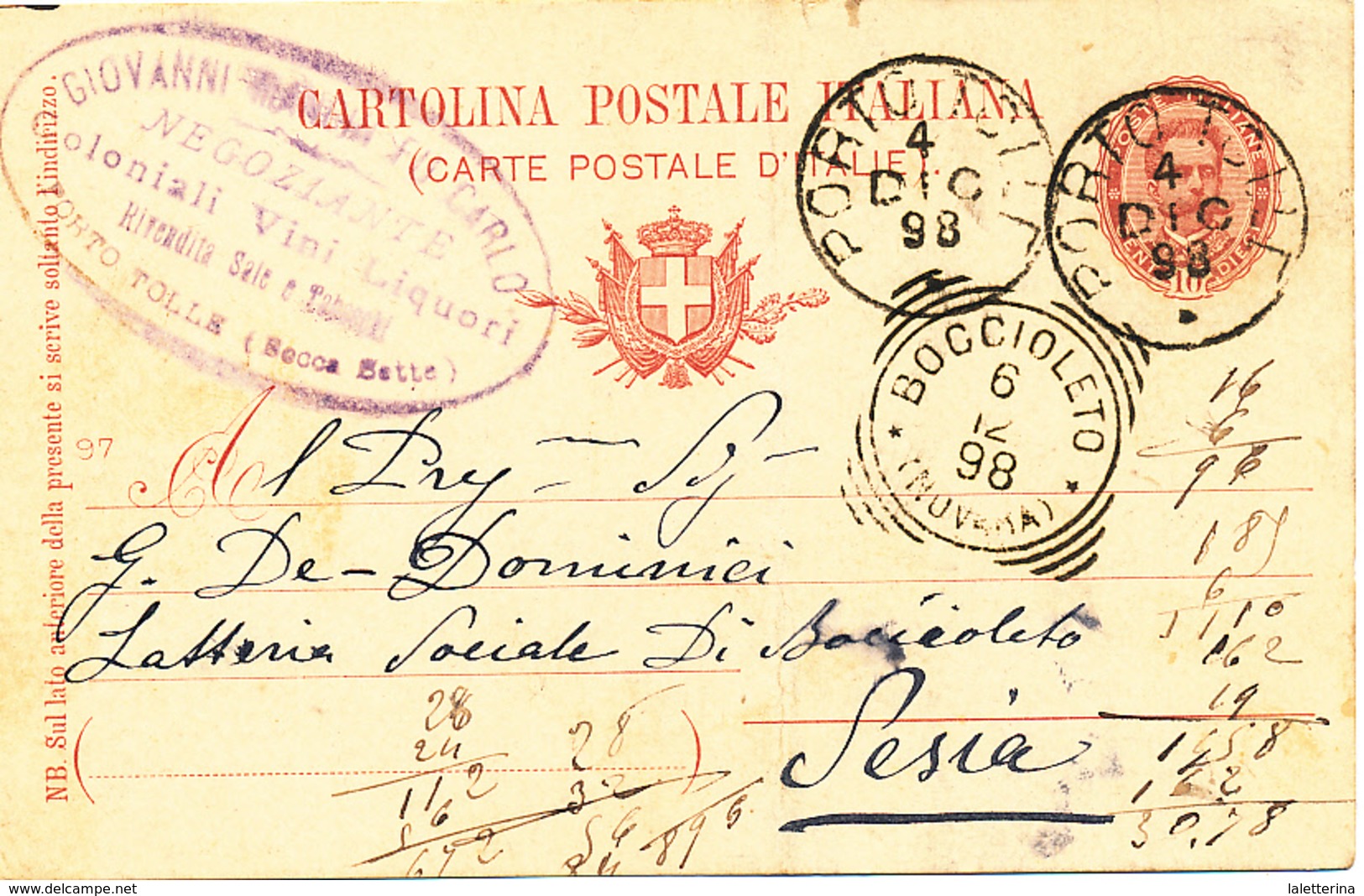 1898 PORTO TOLLE (SECCA SETTE) VENETO ROVIGO CERCHIO GRANDE + NEGOZIANTE COLONIALI VINI LIQUORI - Storia Postale