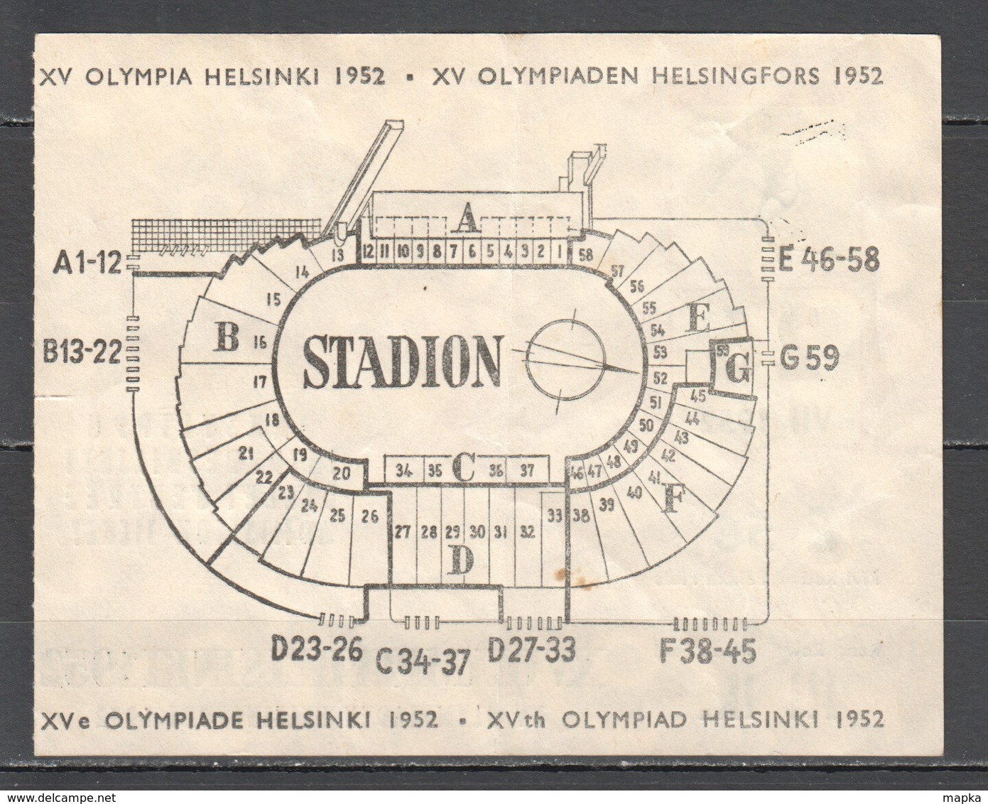 VV927 OLYMPIC GAMES HELSINKI 1952 TICKET 26.07 - Tickets - Vouchers
