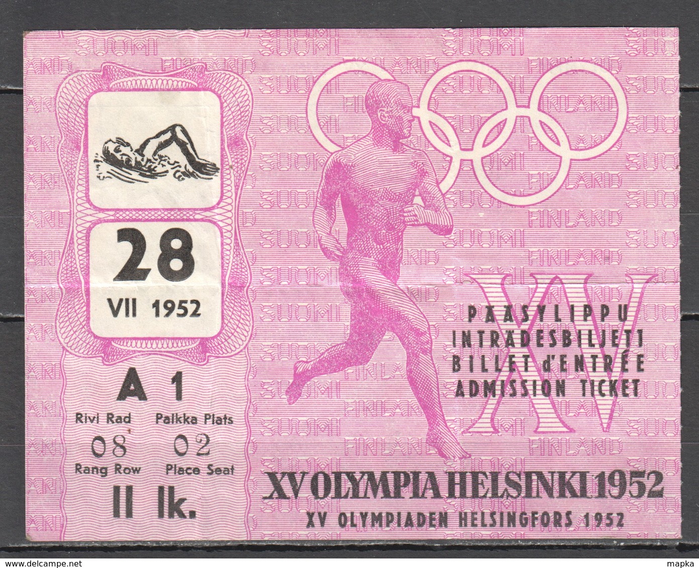 VV928 OLYMPIC GAMES HELSINKI 1952 TICKET 28.07 - Tickets - Entradas