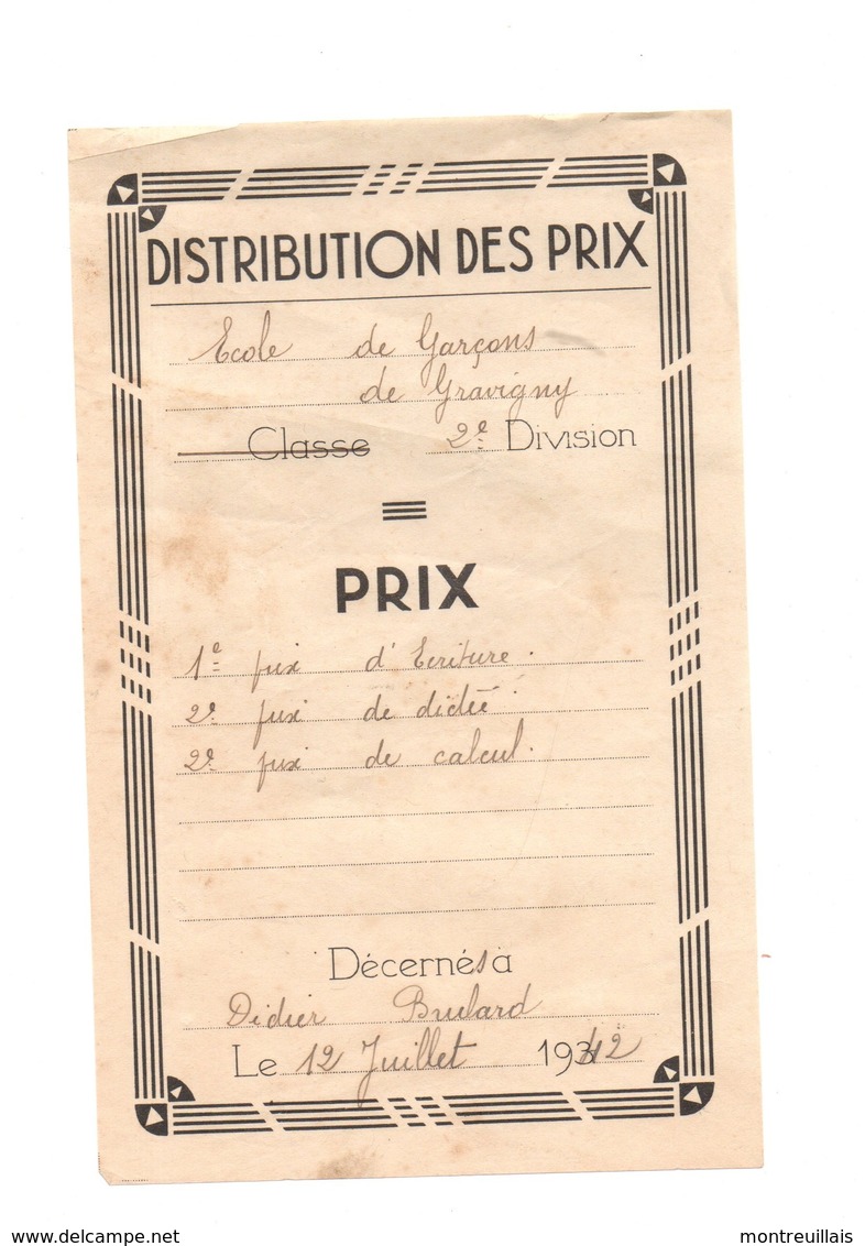 Distribution Des Prix, école Des Garçons De GRAVIGNY, (27), De 1942 à Didier BRULARD, Diplome, - Diplômes & Bulletins Scolaires