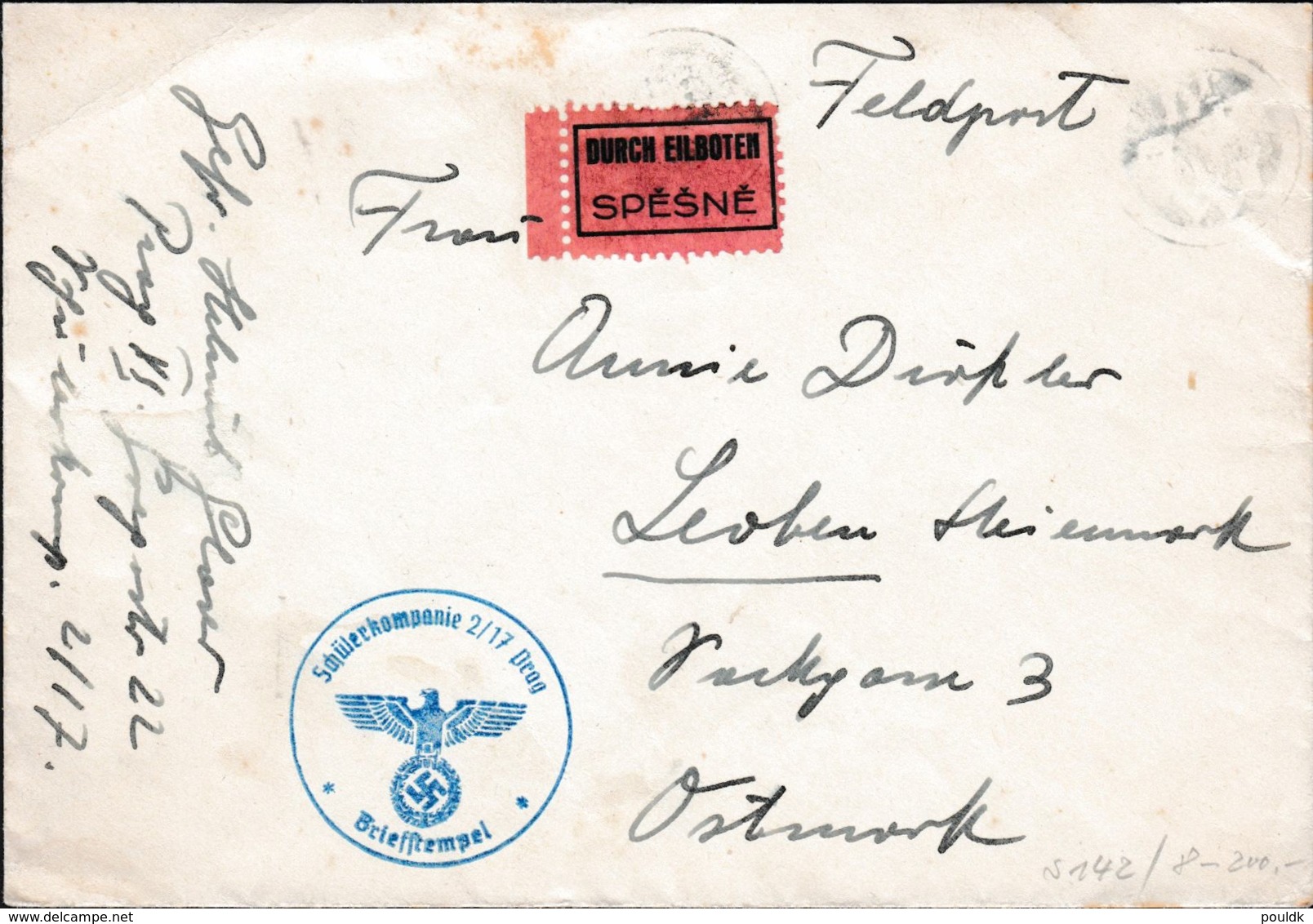 German Feldpost WW2: Express - Durch Eilboten Labelbut With Faint Postmark From Schülerkompanie 2/17 Prag (G65-83) - Guerre Mondiale (Seconde)