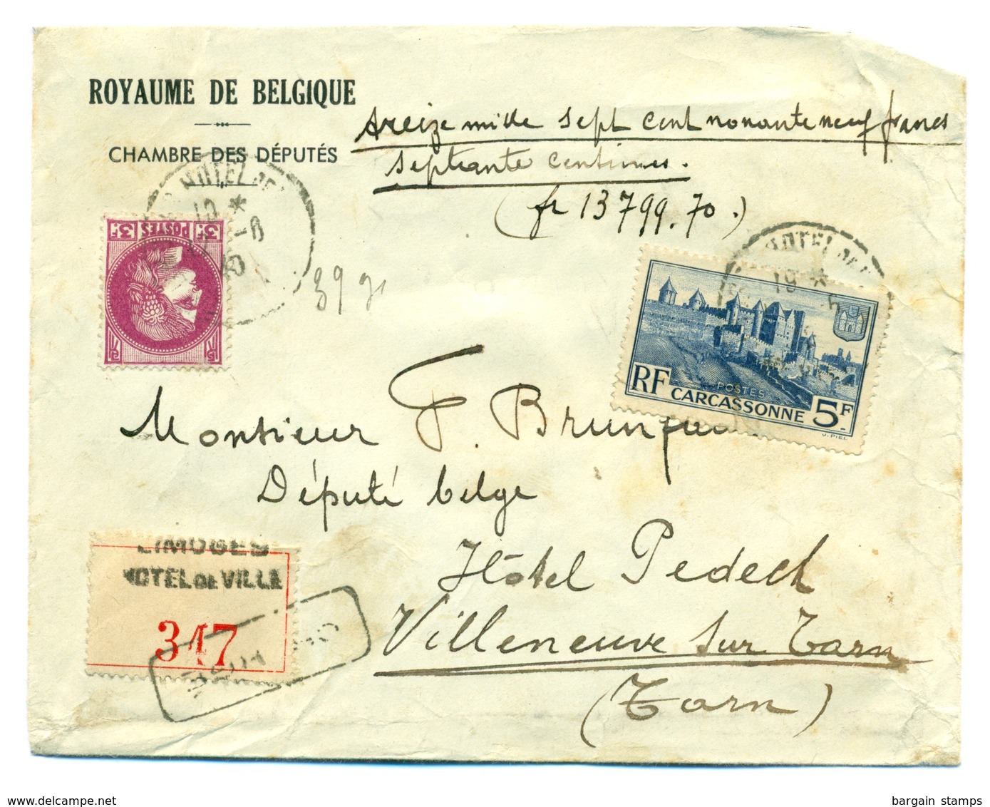 France - COB 376 Et 392 Sur Lettre Chargée De Limoges Vers Villeneuve Sur Tarn 12 Juin 1940 - Lettres & Documents