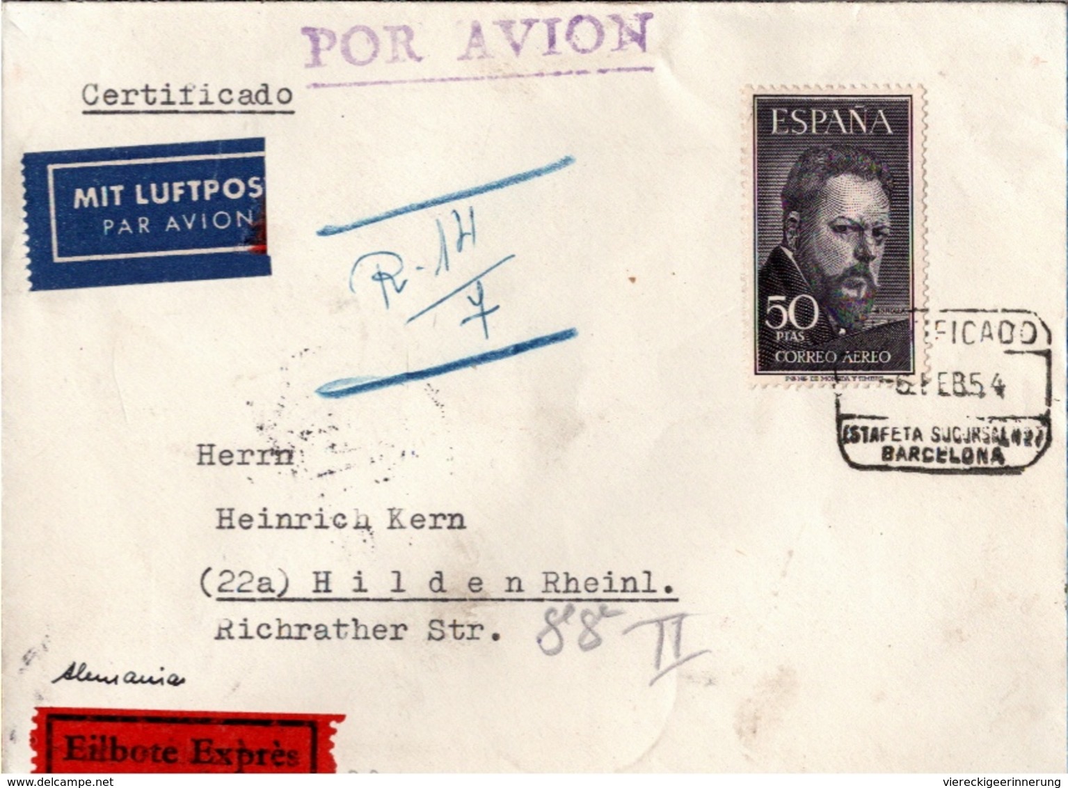 ! 1954 Eilboten Expres Brief Aus Spanien Barcelona Nach Hilden - Storia Postale