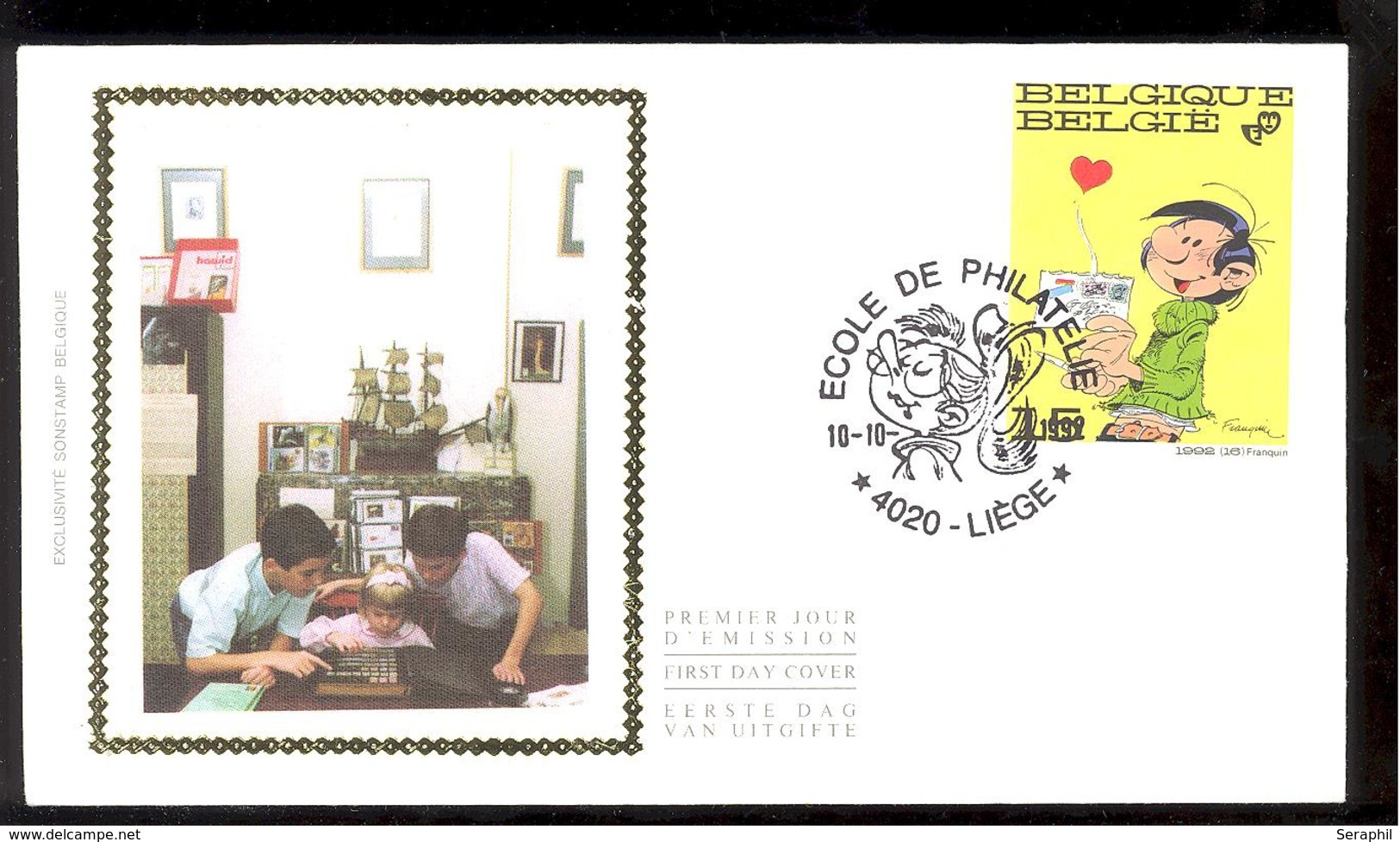 FDC Sur Soie/op Zijde -  B.D. - Gaston Lagaffe - Timbre N°2484 -  FDC 1992 - Oblitération Liège - 1991-2000