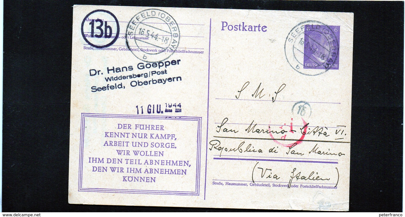 CG6 - Germania - Cartolina Postale - Annullo Di Seefeld 16/5/1944 Per Rep. San Marino - Autres & Non Classés