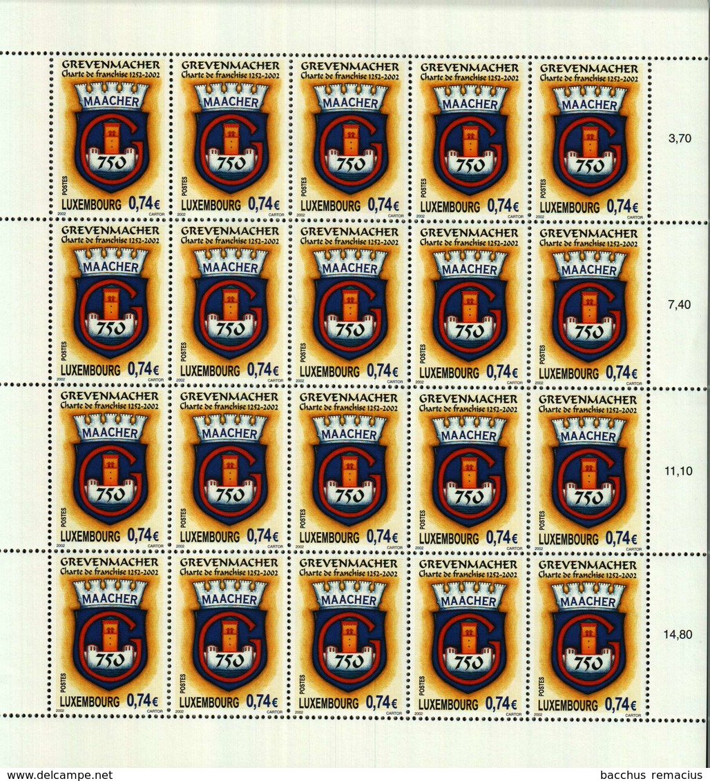 Luxembourg Feuille De 20 Timbres à 0.74 Euro Grevenmacher 750. Anniversaire Lettre De Charte De Franchise 1252-2002 - Ganze Bögen