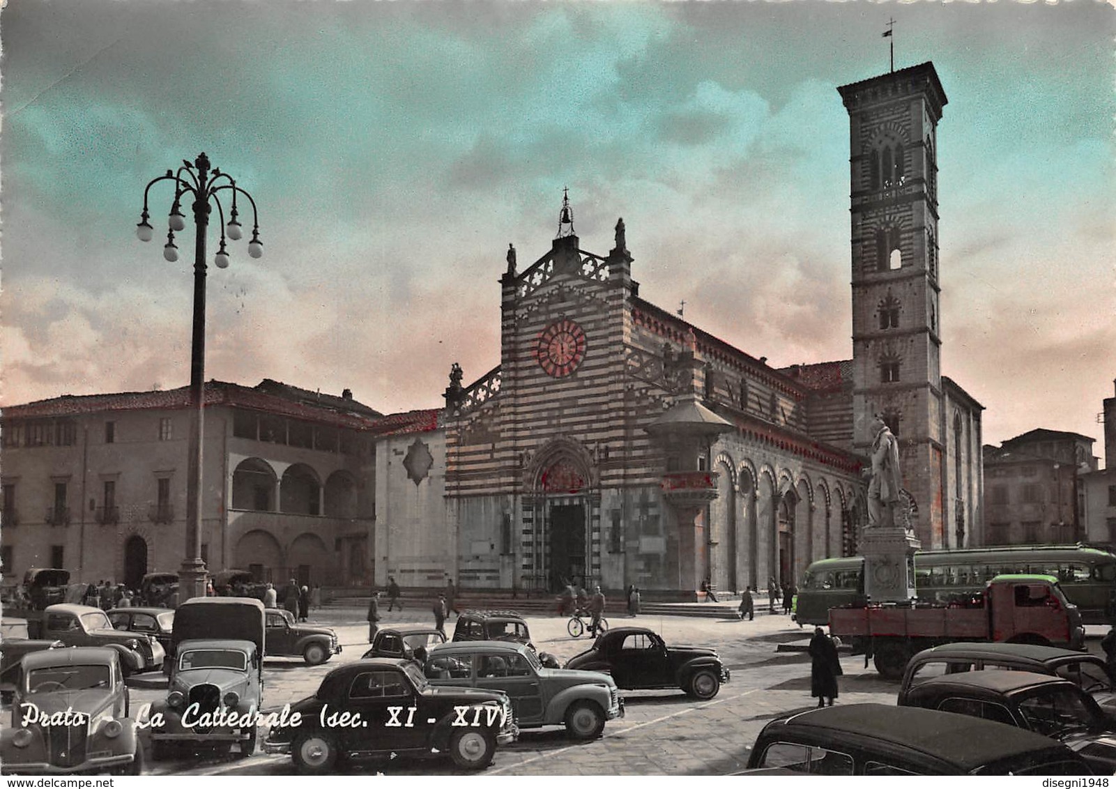 M08928 "PRATO-LA CATTEDRALE (sec. XI - XIV)"ANIMATA-CORRIERA-FIAT 500 TOPOLINO-AUTO '50 - CART. ILLUSTR. ORIG. SPED.1955 - Prato