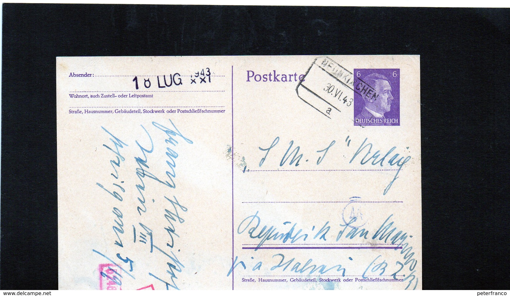 CG6 - Germania - Cartolina Postale - Annullo Di Neunkirchen 30/6/1943 Per Rep. San Marino - Autres & Non Classés