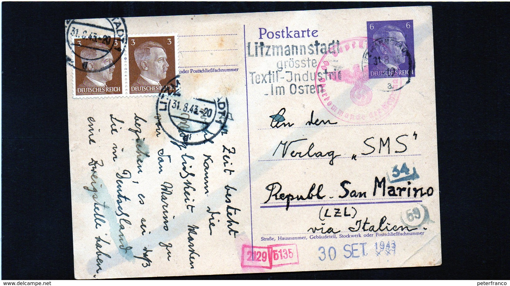 CG6 - Germania - Cartolina Postale - Annullo Di Litzmannstadt 31/8/1943   Per Rep. San Marino - Autres & Non Classés