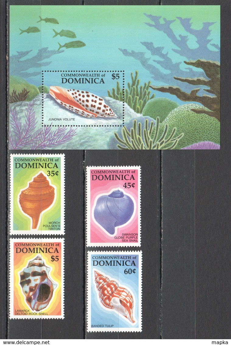 C078 1987 DOMINICA MARINE LIFE SEASHELLS #1031-34 MICHEL 12 EURO 1SET+1BL MNH - Coquillages