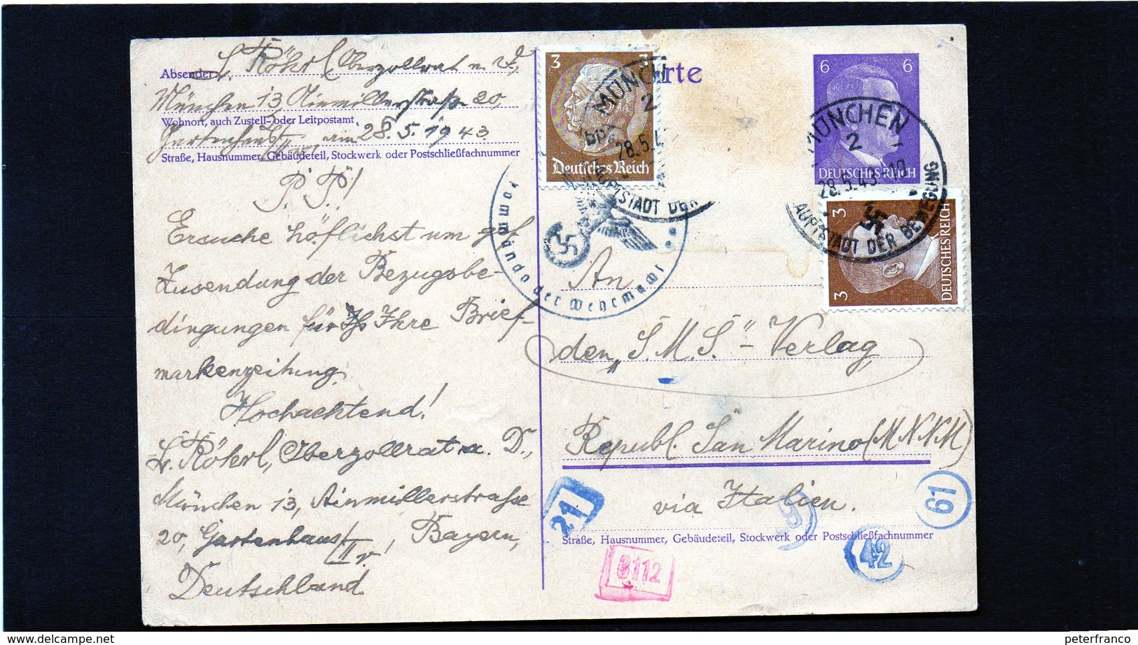 CG6 - Germania - Cartolina Postale - Annullo Di Munchen 28/5/1943 Per Rep. San Marino - Autres & Non Classés