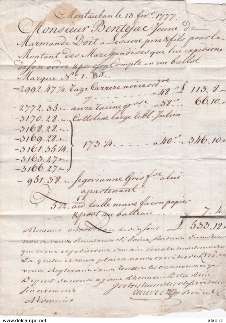1777 - Marque Postale MONTAUBAN, Tarn Et Garonne Sur Lettre Avec Corresp Vers Marmande, Lot Et Garonne - 1701-1800: Precursors XVIII