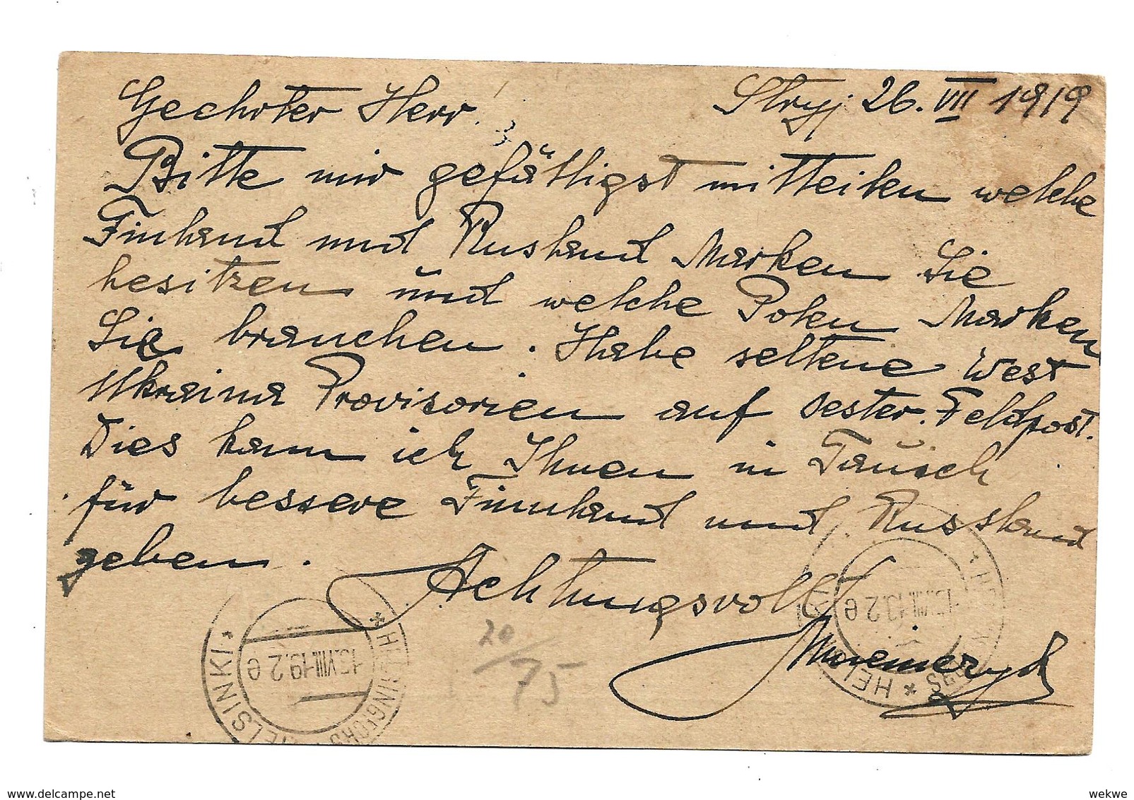 Pol069 / POLEN - P 8 III Mit Zusatzmarke Aufgewertet 1919 Nach Finnland, Mit Zensur - Lettres & Documents