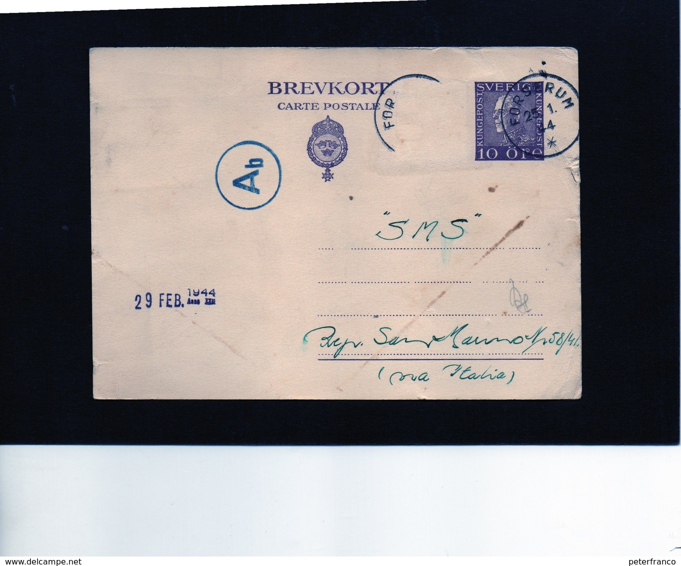 CG6 -  Svezia - Cartolina Postale - Annullo Di Forserum 25/1/1944 Per Rep. San Marino - Entiers Postaux