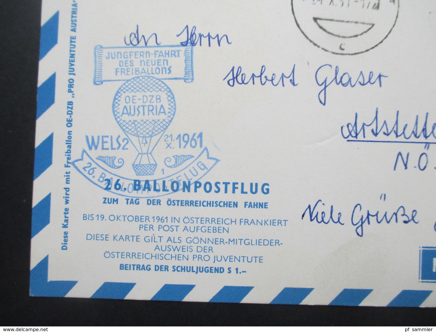 Österreich 1961 und 62 2 Sonderpostkarten 26. und 28. Ballonpostflug zum Tag der Österreichischen Fahne OMO / Ballonpost