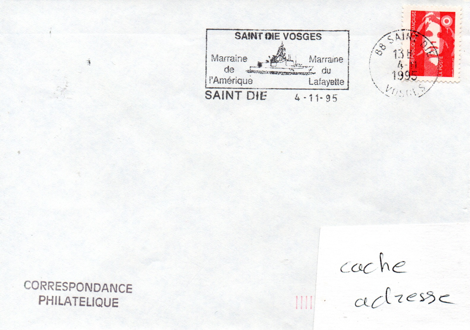 FREGATE LA FAYETTE Flamme Temporaire De La Ville Marraine Obl. Saint Dié 04/11/95 - Seepost