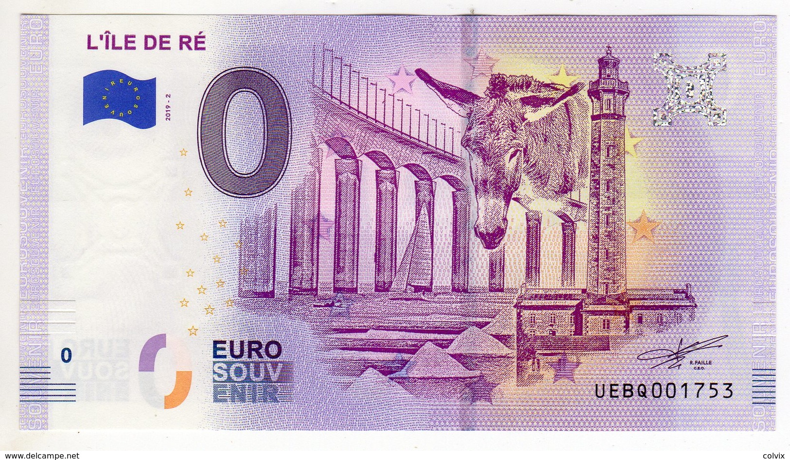 2019-2 BILLET TOURISTIQUE FRANCE 0 EURO SOUVENIR N° UEBQ001753 L'ILE DE RE Ane - Essais Privés / Non-officiels