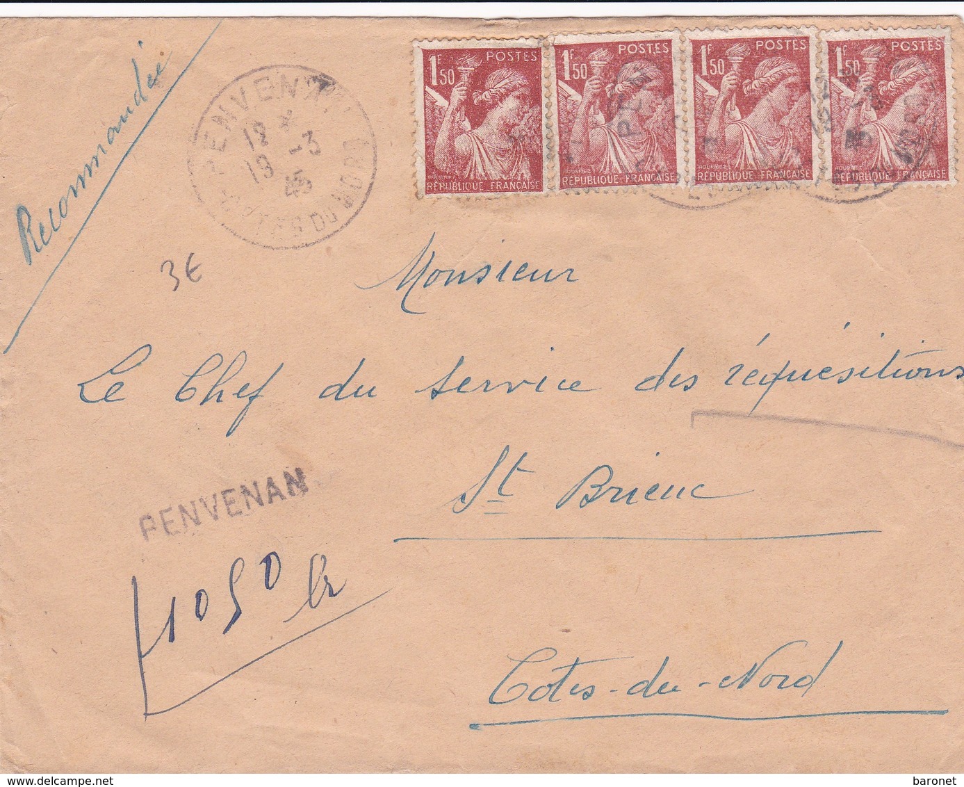 N° 652 X 4 S / Env Recommandée Provisoire T.P. Ob Revenan Cotes Du Nord 19 3 45 Pour St Brieuc, Au Verso Tad St Brieuc - 1939-44 Iris