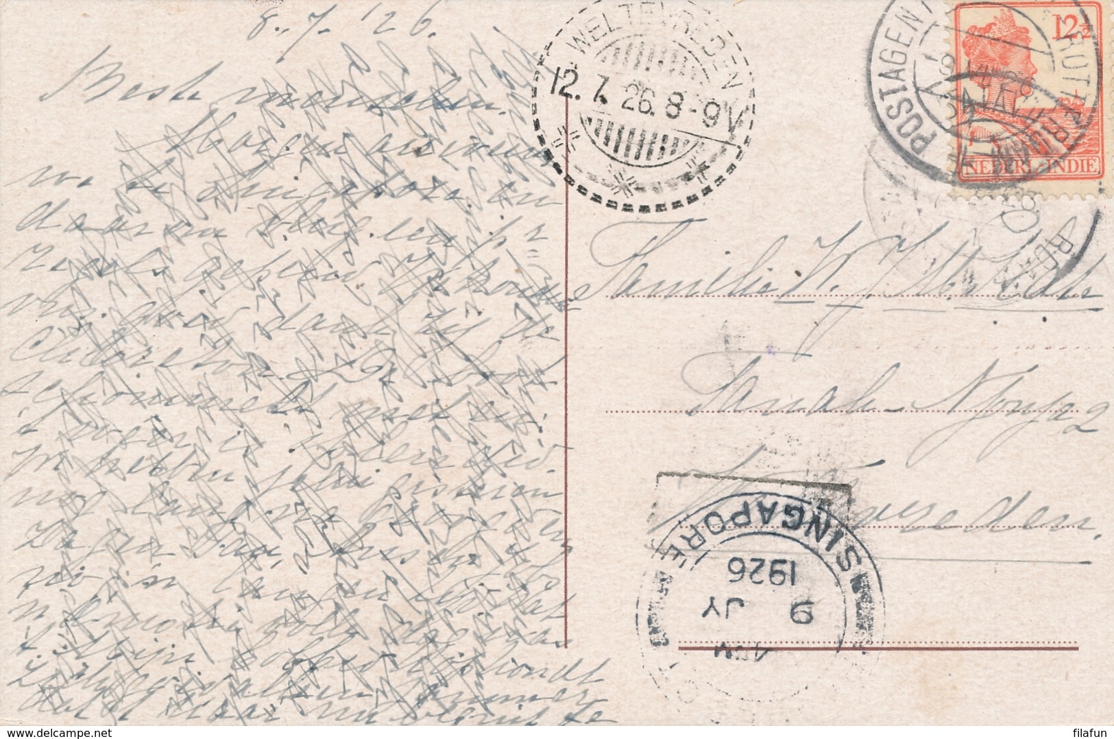 Nederlands Indië - 1926 - 12,5 Cent Wilhelmina Van KB Postagent Batavia-Rotterdam Via Singapore Naar Weltevreden - Indes Néerlandaises