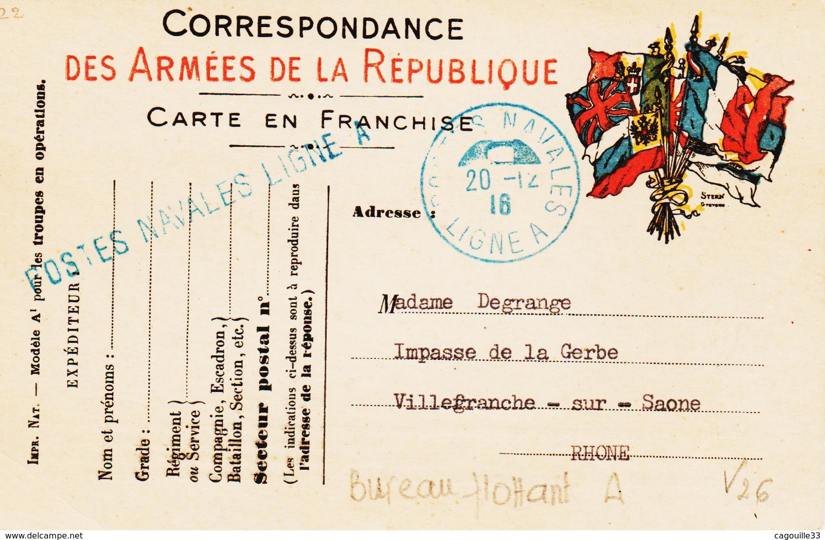 France,  Postes Navales En 1916 , Ligne A  Et Griffe Linéaire Sur Carte Franchise  TB - Seepost