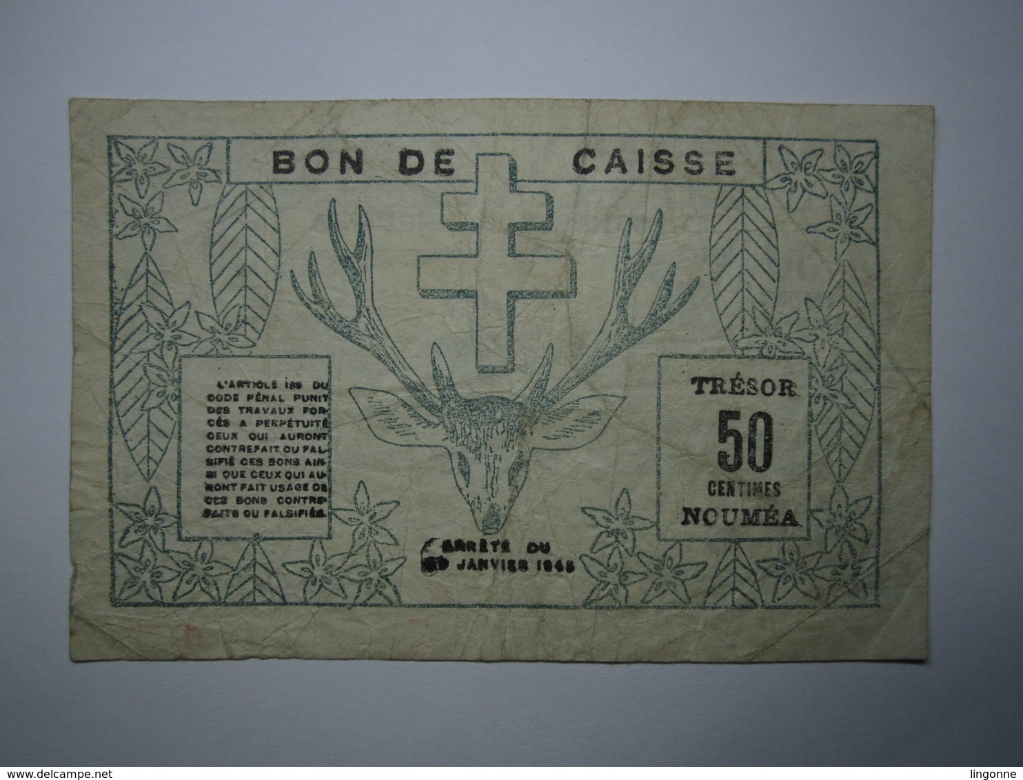 BILLET 50 Centimes NOUVELLE CALÉDONIE 1943 Trésorerie De Nouméa - Nouvelle-Calédonie 1873-1985