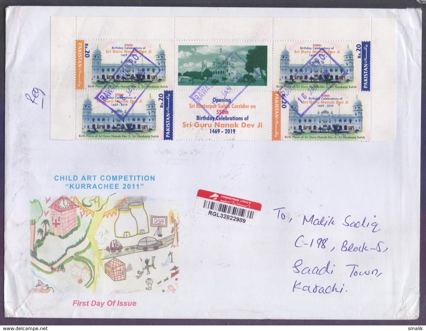 55th Birthday Of Sri Guru Nanak Dev Ji, Postal History Big Cover From PAKISTAN Registered Used 18.1.2020 From RAWALPINDI - Pakistan