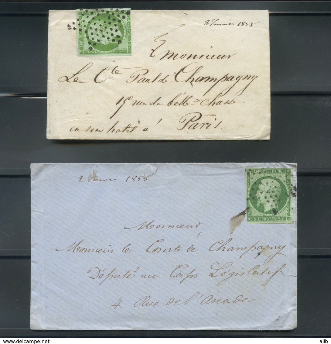 2 Enveloppes 1853-60 Emission Empire Napoléon III Non Dentelé 5c Vert Jaune Et 5c. Vert Fonce. - 1849-1876: Période Classique