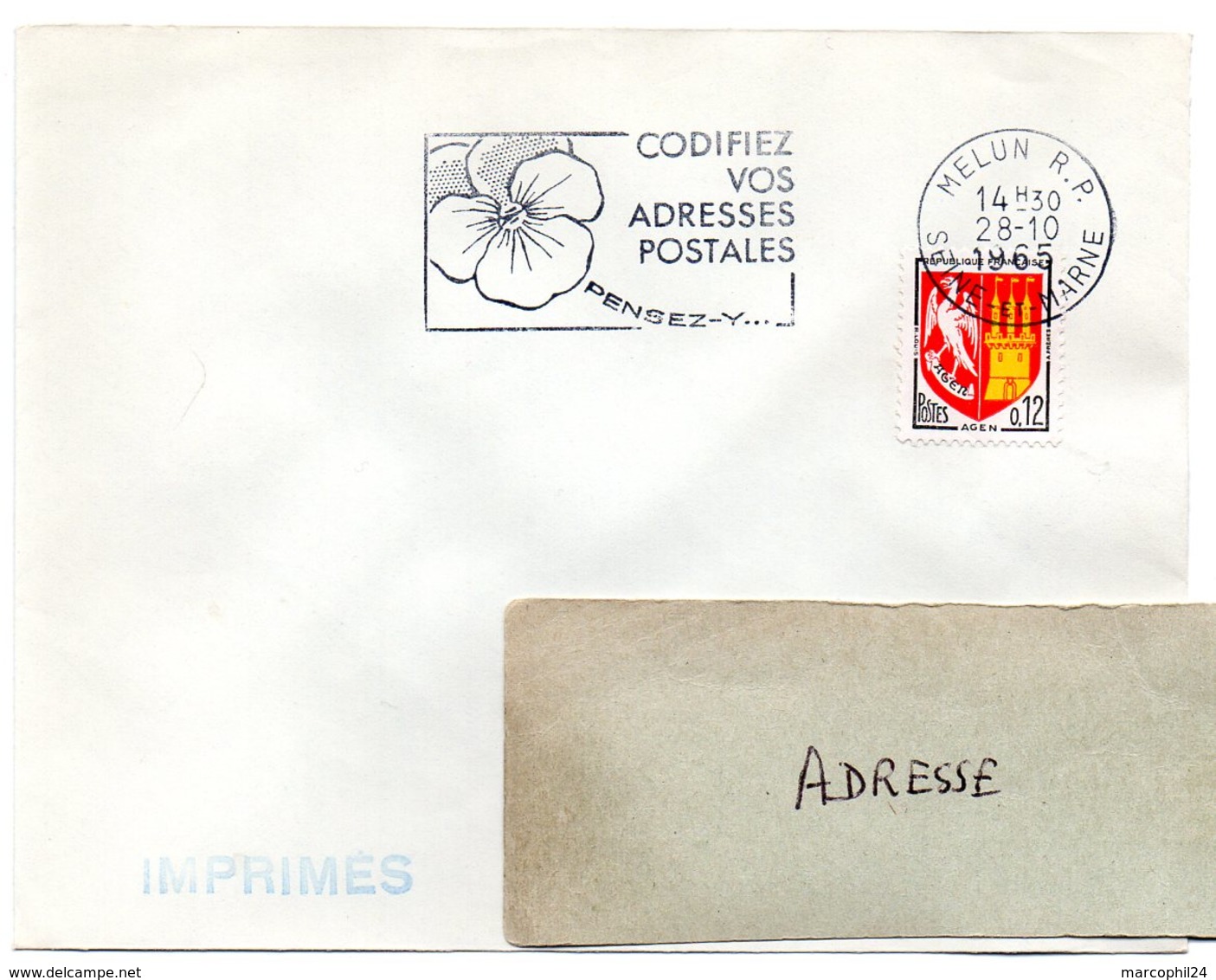 SEINE Et MARNE - Dépt N° 77 = MELUN RP 1965 = FLAMME Non Codée =  SECAP Multiple ' PENSEZ + CODIFIEZ' = Pensée N° 1 - Código Postal