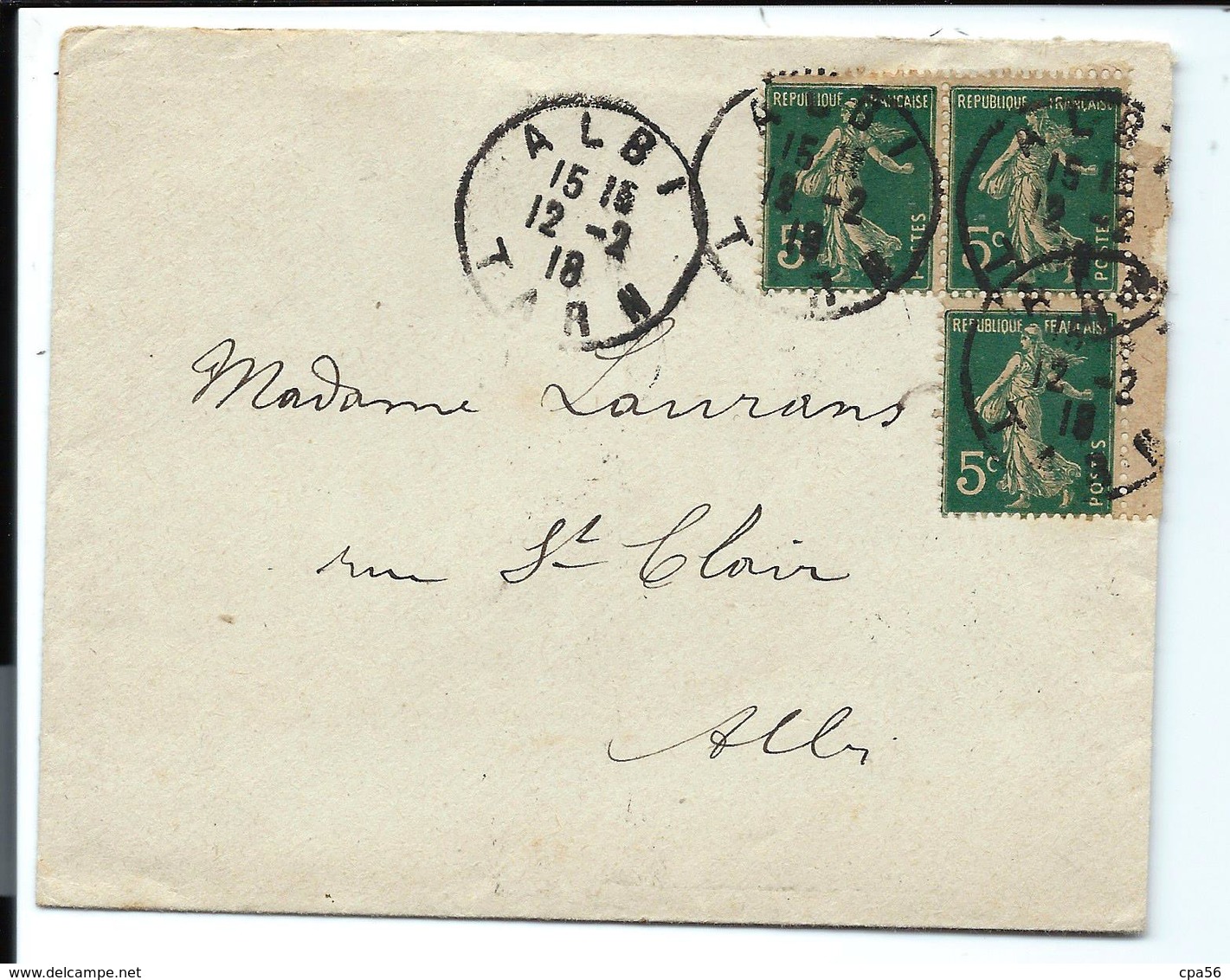 LETTRE 1918 - Bloc De 3 Timbres De Carnet SEMEUSE 5c GC - ALBI Tarn - Other & Unclassified