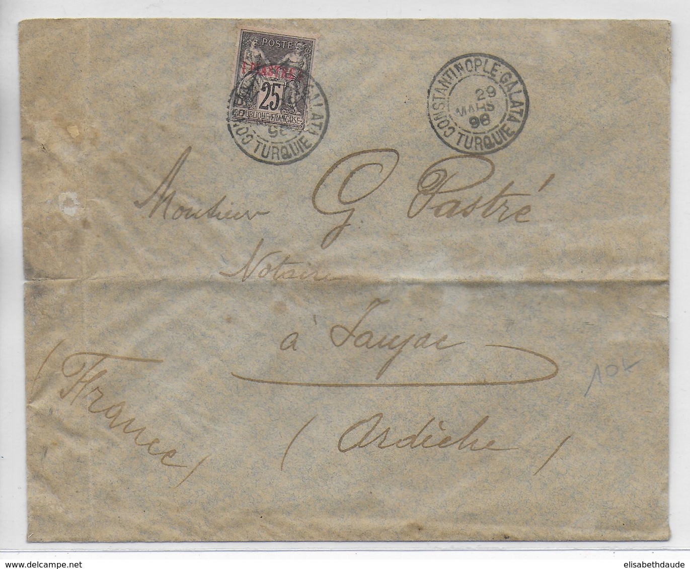 TURQUIE BUREAU FRANCAIS -  1898 - SAGE SURCHARGE Sur ENVELOPPE De CONSTANTINOPLE => JAUJAC (ARDECHE) - Storia Postale