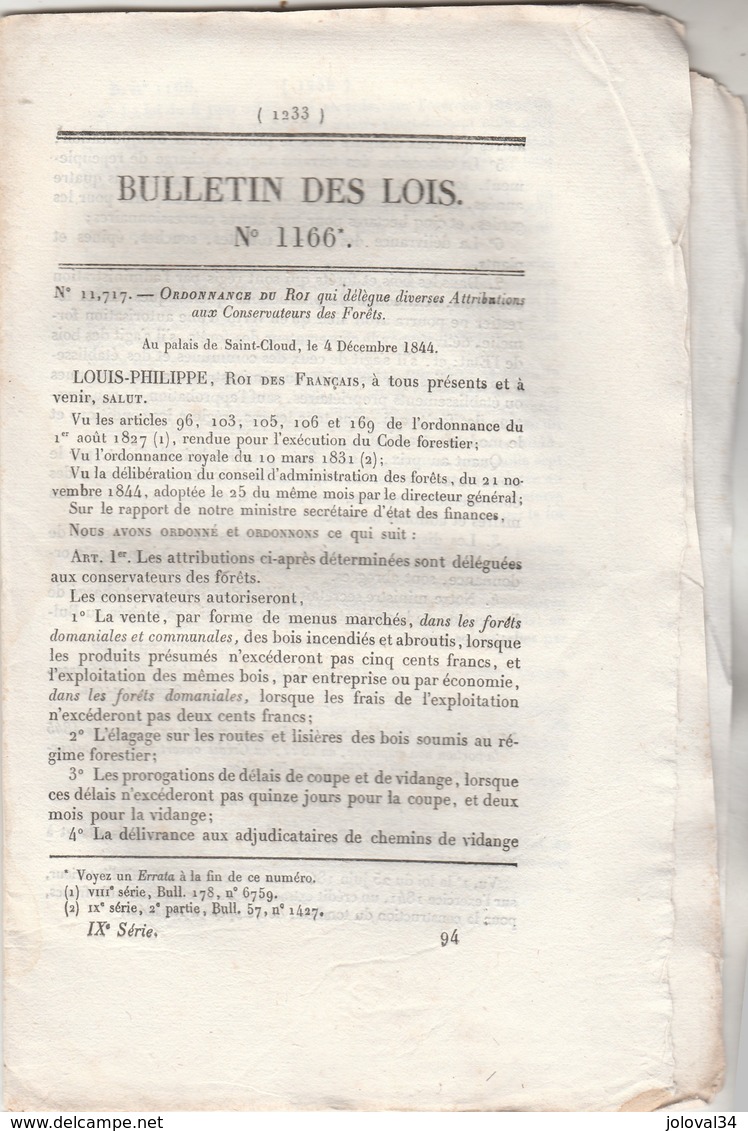 Bulletin Des Lois 1166 De 1844 Conservateurs Des Forêts, Crédit Pour Achat Tabacs, Douanes Canari Corse - Décrets & Lois