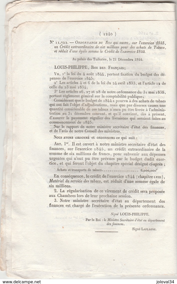 Bulletin Des Lois 1166 De 1844 Conservateurs Des Forêts, Crédit Pour Achat Tabacs, Douanes Canari Corse - Décrets & Lois