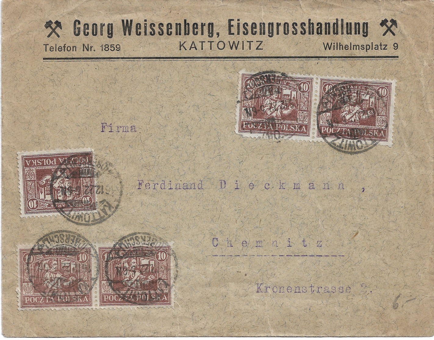 Lettre De KATTOWITZ  ( Georg Weissenberg ) Pour  CHEMNITZ  1922  13 Stamps - Briefe U. Dokumente