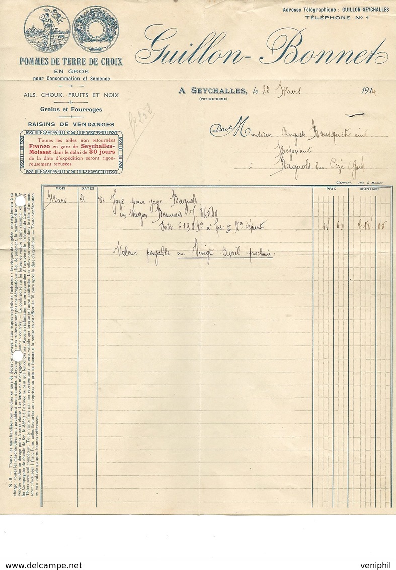 FACTURE ILLUSTREE -POMMES DE TERRE EN GROS - GUILLON - BONNET A SEYCHALLES -PUY DE DOME -1914 - Landwirtschaft
