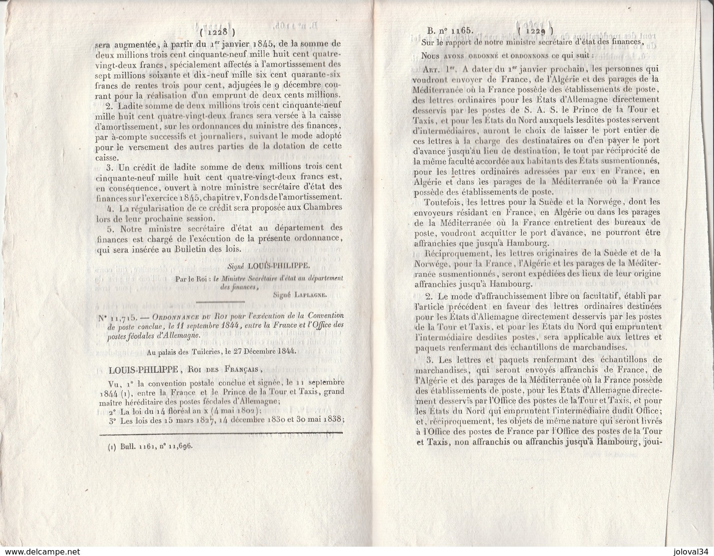 Bulletin Des Lois 1165 De 1844 Prix Froment Convention De Poste Entre France Et Office Des Postes Féodales D' Allemagne - Décrets & Lois