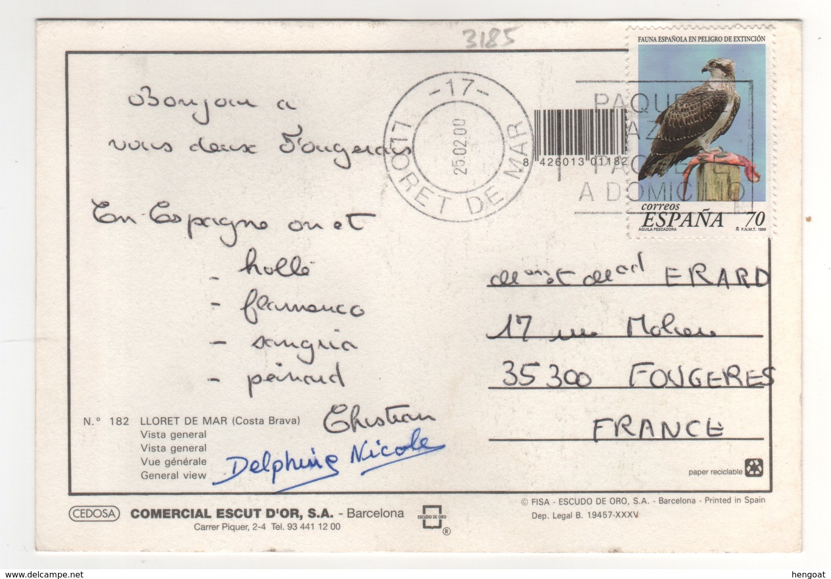 Beau Timbre , Stamp Yvert N° 3185 " Aigle Pêcheur " Sur Cp , Carte , Postcard Du 25/02/2000 - Lettres & Documents