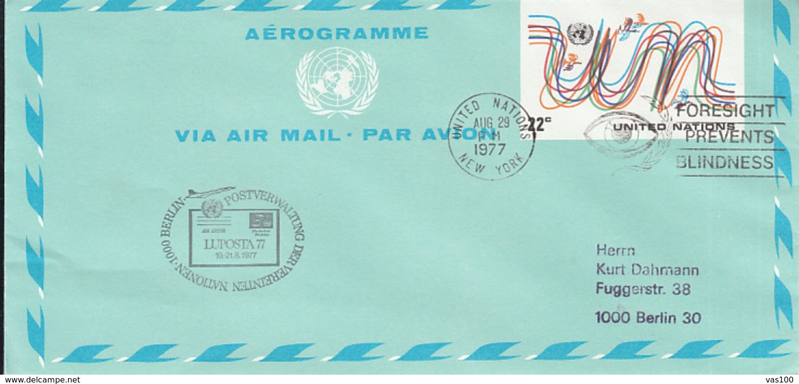 FORESIGHT PREVENTS BLINDNESS SPECIAL POSTMARK ON AEROGRAMME, 1977, UNITED NATIONS - Luftpost