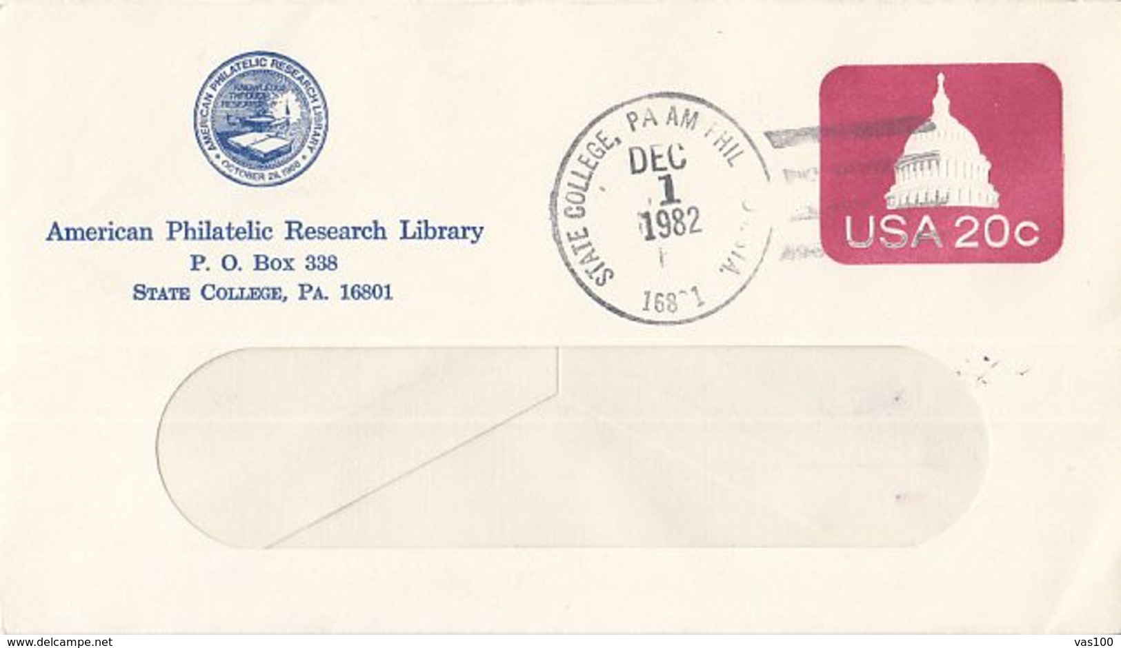PHILATELIC RESEARCH LIBRARY HEADER, CAPITOL EMBOSSED COVER STATIONERY, ENTIER POSTAL, 1982, USA - 1981-00