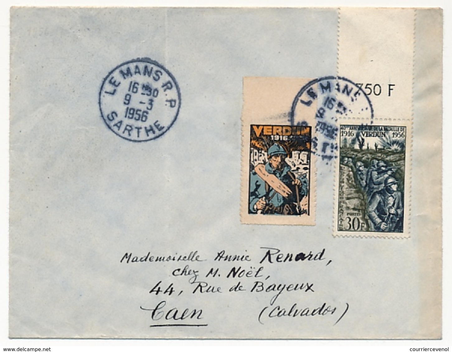 FRANCE - Enveloppe Affr. 30F Verdun Depuis Le Mans (Sarthe) 1956 Avec Vignette VERDUN époque 1916 - Lettere