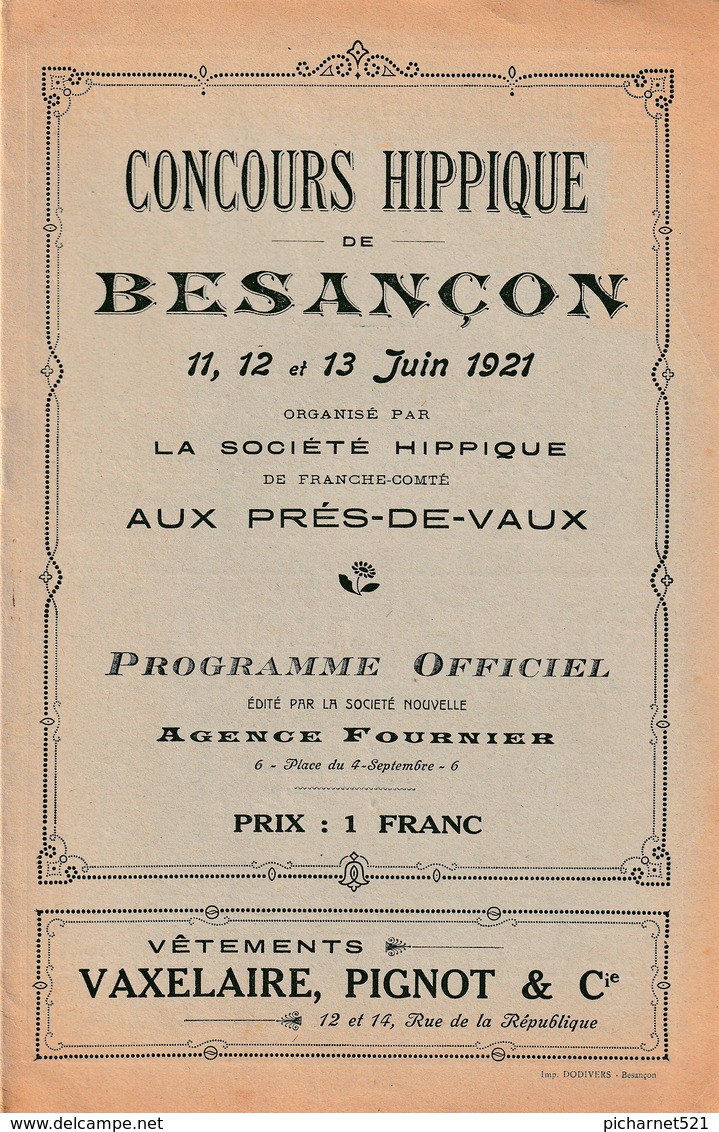 BESANCON - 3 Programmes De Concours Hippiques De 1913, 1921 Et 1922. Chamars Et Prés-de-Vaux. 12 Pages. TB état. - Ippica